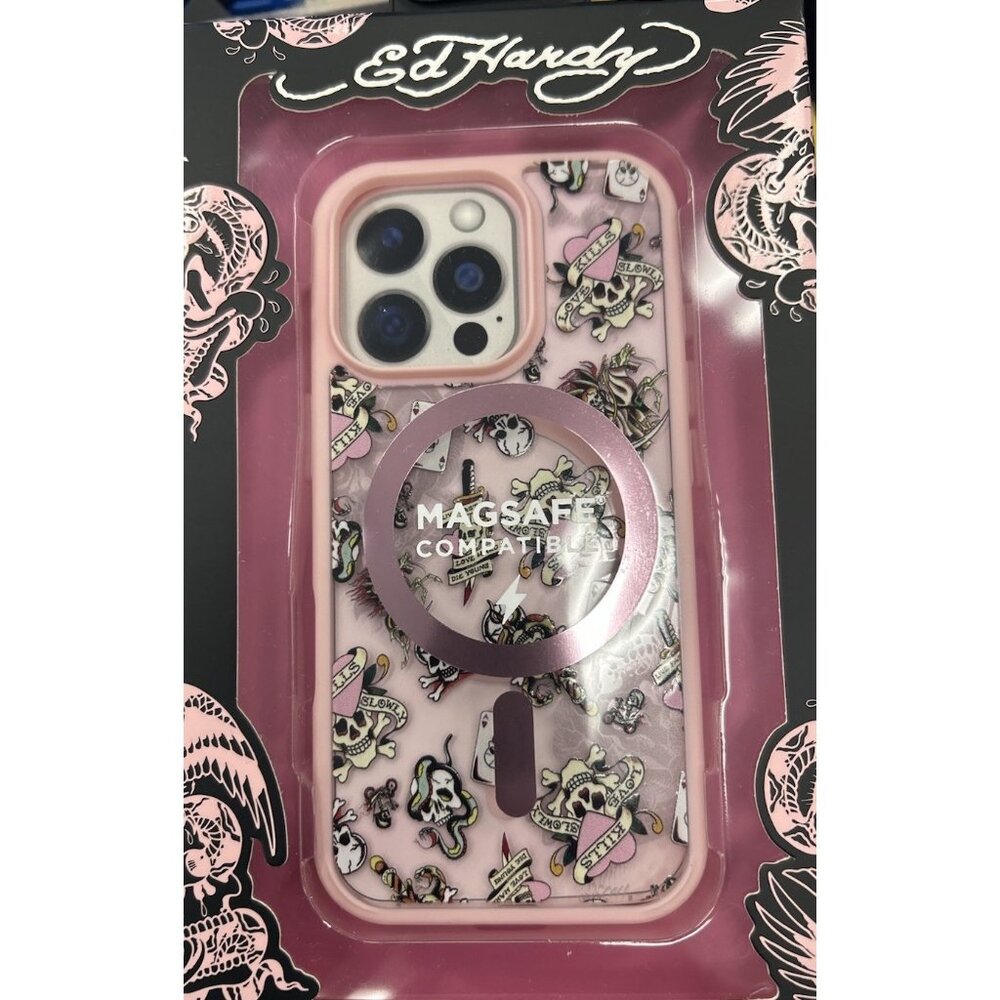 Ed Hardy iPhone 16 Pro Phone Case Pink Love Kills Slowly Y2K Design Tatoo Magsaf